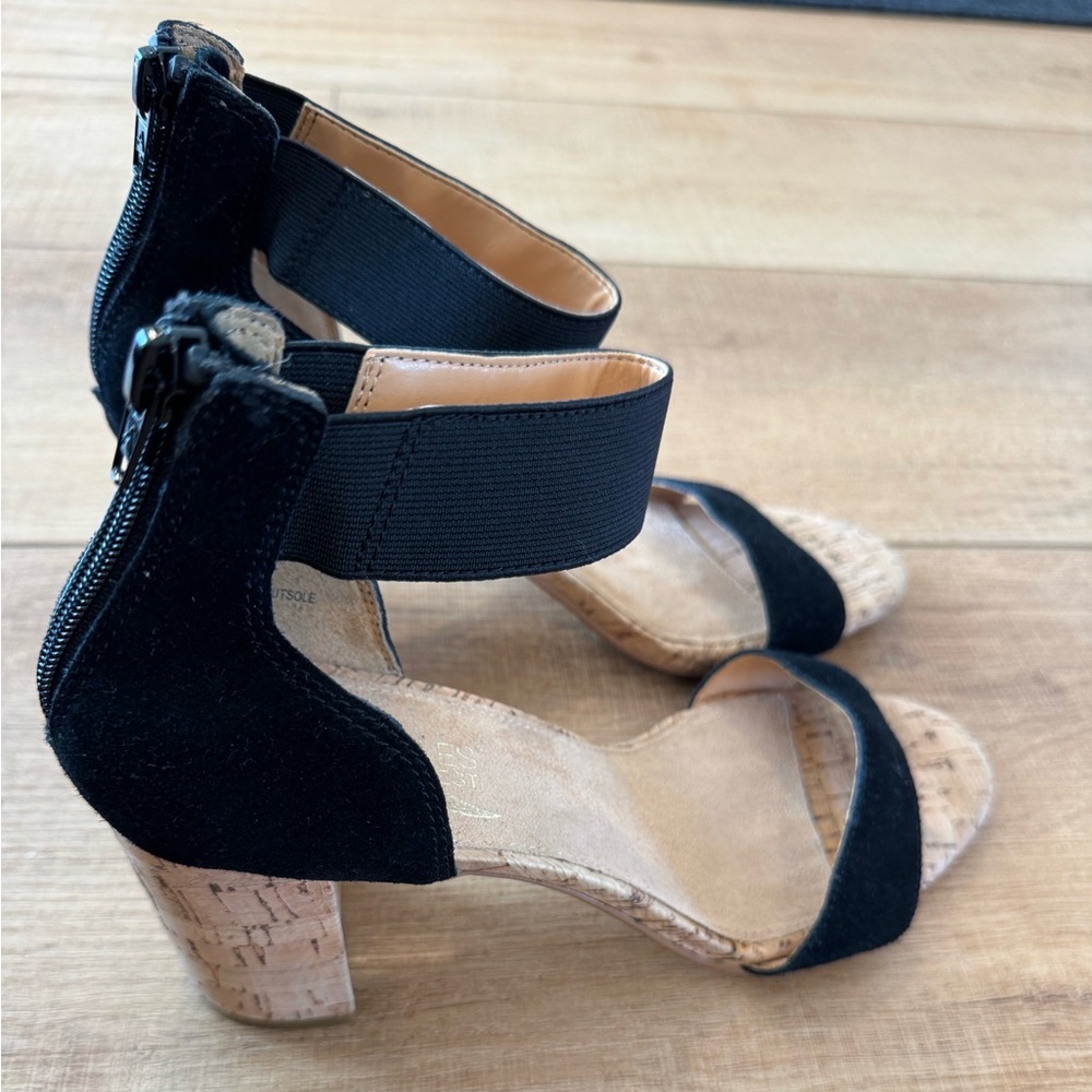 Aerosoles High Hopes Black Leather Ankle Strap Sandals Cork Block Heel Size 9.5